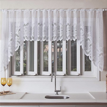 Cortina de Renda para Cozinha Cascata Clássica Arabesco Interlar 300x100cm Branca