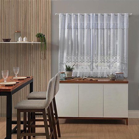 Cortina de Renda para Cozinha com Bandô Clássica Bule Interlar 220x120x30cm Branca