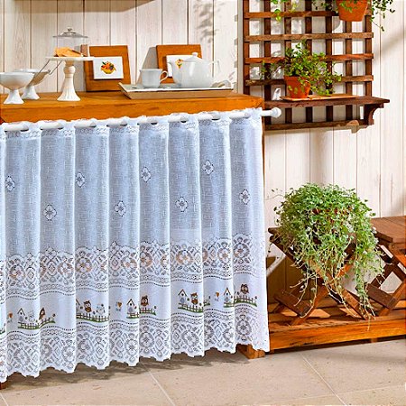 Cortina de Renda para Cozinha Valência Interlar 200x80cm Corujinhas