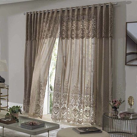 Cortina de Renda com Bandô Clássica Irlanda Interlar 300x180x40cm Desert