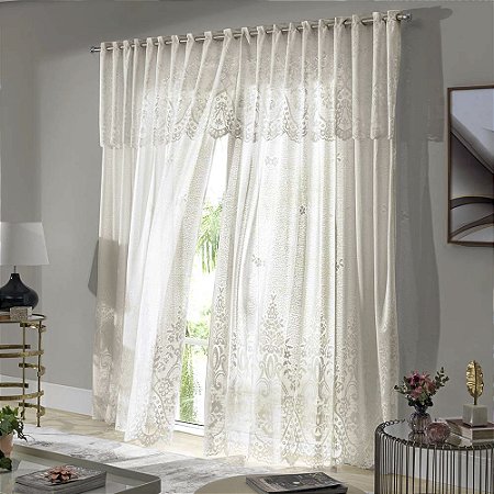 Cortina de Renda com Bandô Clássica Irlanda Interlar 300x180x40cm Marfim