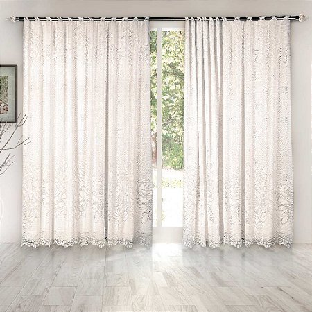 Cortina de Renda com Forro Clássica Roseiral Interlar 300x180cm Marfim