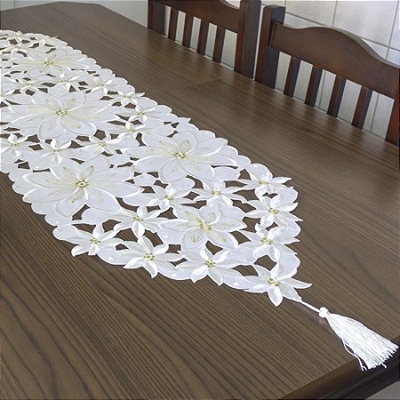 Caminho de Mesa Bordado 40x180cm Branco/Dourado