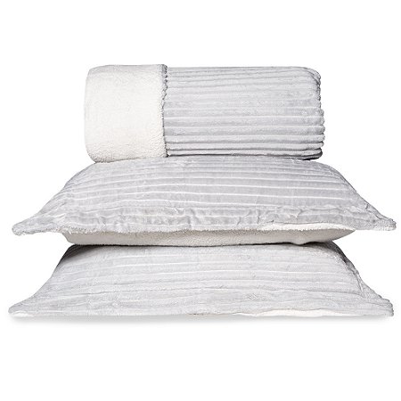 Kit Edredom Casal Dupla Face Plush/Sherpa Europa Cinza Inox 3 Peças