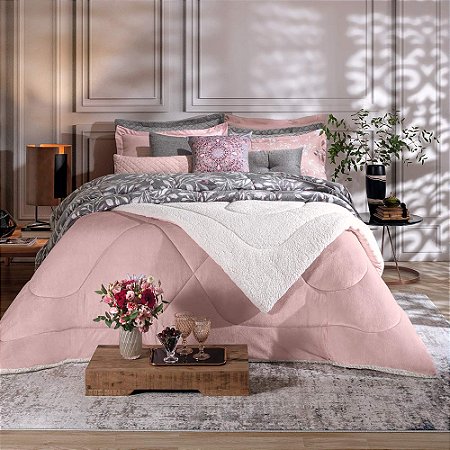 Edredom King Size Plush/Sherpa Hedrons Liso Rosa Poema