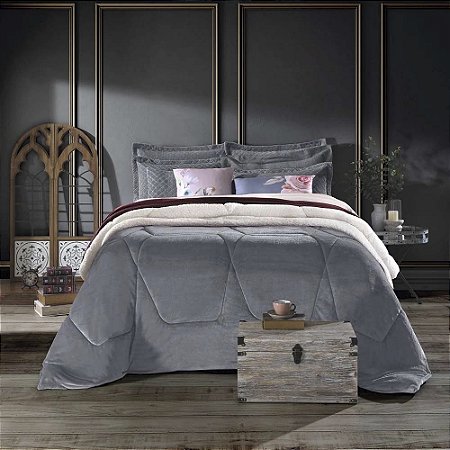 Edredom King Size Plush/Sherpa Hedrons Liso Cinza Cromo
