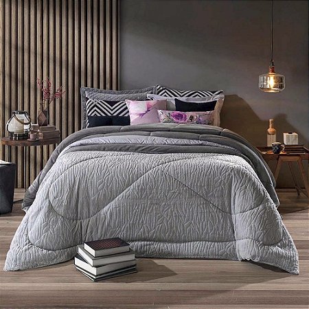 Edredom Queen Size Plush/Peles Hedrons Cinza Cromo