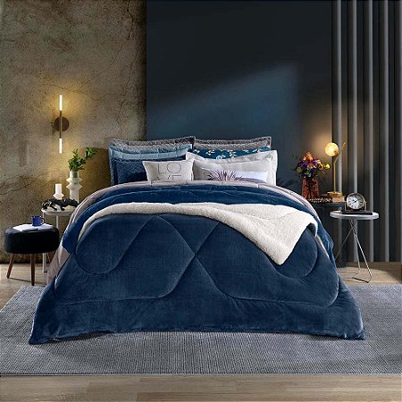 Edredom Casal Plush/Sherpa Hedrons Liso Mariner