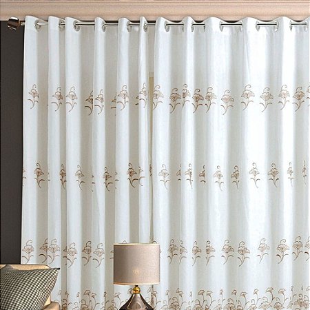 Cortina Bordada com Forro e Voil 2.80 x 2.30 Mts Vivalutex Safira Branca/Marrom