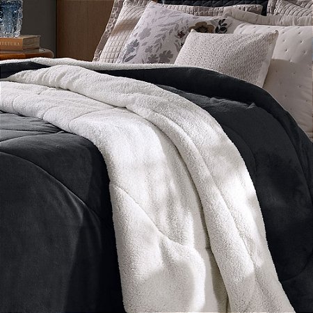 Edredom Casal Plush/Sherpa Hedrons Liso Onix