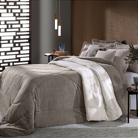 Edredom King Size Plush/Sherpa Hedrons Inove Liso Taúpe