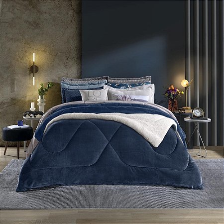 Edredom Solteiro Plush/Sherpa Hedrons Liso Mariner