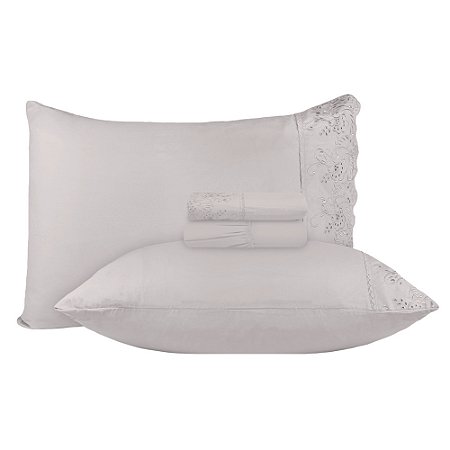 Jogo de Cama King Size Jolitex 4 Peças Toque de Seda Bordado Inglês Fendi