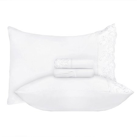 Jogo de Cama Queen Size Jolitex 4 Peças Toque de Seda Bordado Inglês Branco