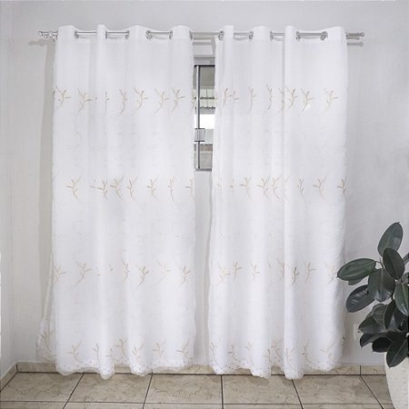 Cortina Bordada com Forro e Voil 2.80 x 1.80 Mts Vivalutex Safira Branca/Bege
