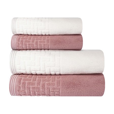 Jogo de Toalhas de Banho 4 Peças Super Soft Zero Twist Corttex Geométrico 500 g/m² Rosa/Marfim