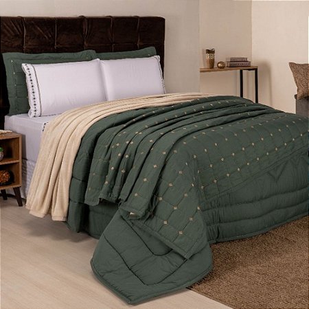 Colcha Cobreleito Queen Size Florença Sulamita Bordada Verde 3 Peças