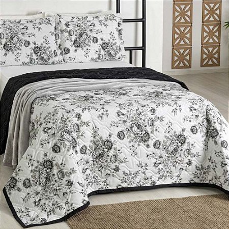 Colcha Cobreleito Queen Size Sulamita 180 Fios Floral Preto 3 Peças Chicago