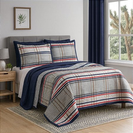 Colcha Cobreleito Queen Size Sulamita 180 Fios Xadrez 3 Peças Chicago