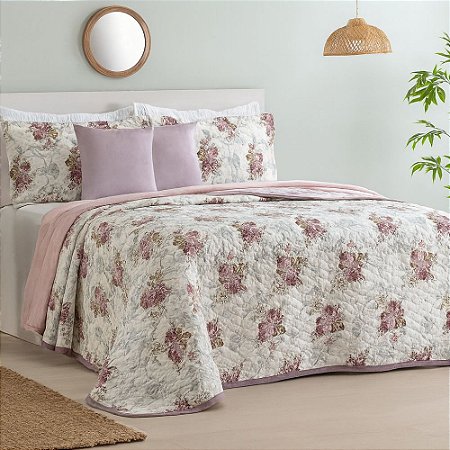 Colcha Cobreleito Queen Size Sulamita 180 Fios Floral Rosê 3 Peças Chicago