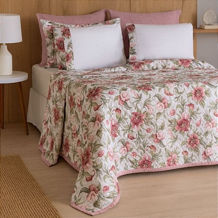 Colcha Cobreleito Queen Size Sulamita 180 Fios Floral 3 Peças Chicago
