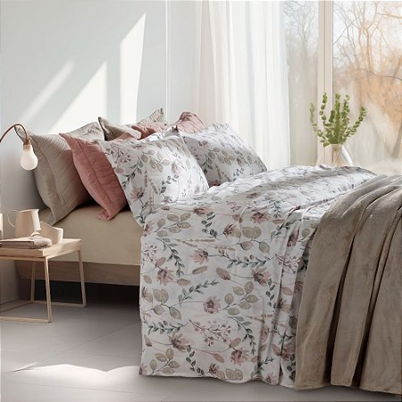 Jogo de Cama King Size 300 Fios 4 Peças Corttex Living Art Floral Bege