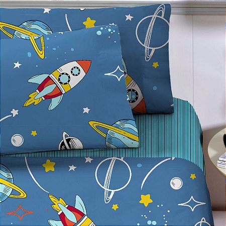 Jogo de Cama Solteiro Infantil Corttex Studio Mix 3 Peças Foguete