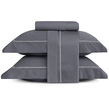 Jogo de Cama Queen Size Lynel 300 Fios 4 Peças Monet Chumbo Bordado Prata
