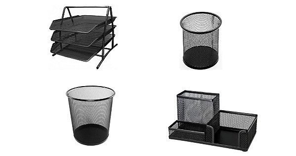 Kit Porta Arquivo Triplo, Organizador de Mesa,  Lixeira e Porta Caneta Preto