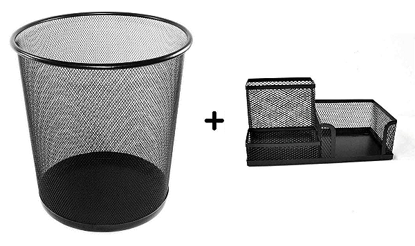 Kit Lixeira Metal Aramado Preta + Organizador de Mesa Preto