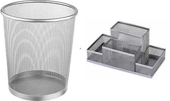 Kit Lixeira Metal Aramado Prata + Organizador de Mesa Prata