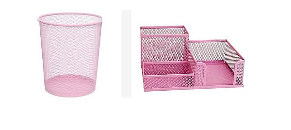 Kit Lixeira Metal Aramado Rosa e Organizador de Mesa Rosa
