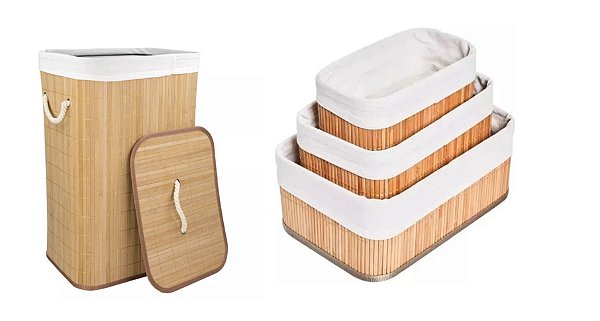 Kit Cesto Roupa Suja e Jogo Organizadores Multiuso Bambu