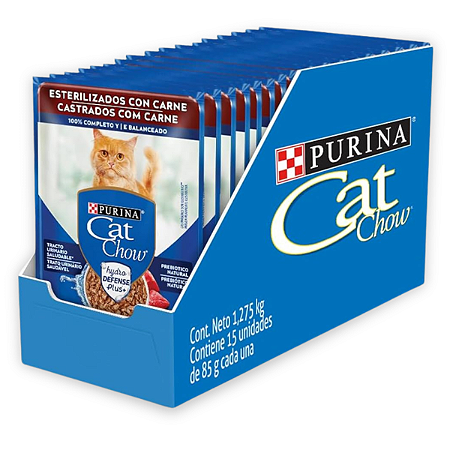 CAT CHOW SACHE CASTRADOS - CARNE AO MOLHO 85 G - CAIXA C/ 15