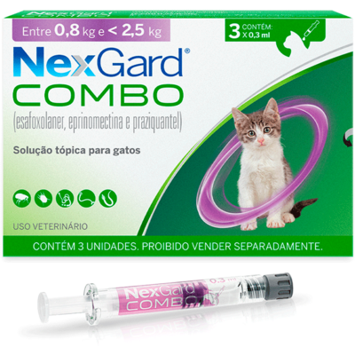 NEXGARD COMBO GATO P 0,8 A 2,5 KG - 0.3 ML - CAIXA C/ 3 TABLETES