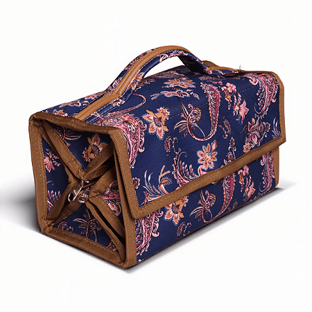 Necessaire Rocambole 4 compartimentos e gancho de pendurar Estampa Paisley Azul Marinho
