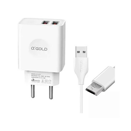 Kit Carregador Rápido Gold 3.1A com 2 USB + Cabo de Carregamento Turbo Micro USB V8 ( CA25-1 )