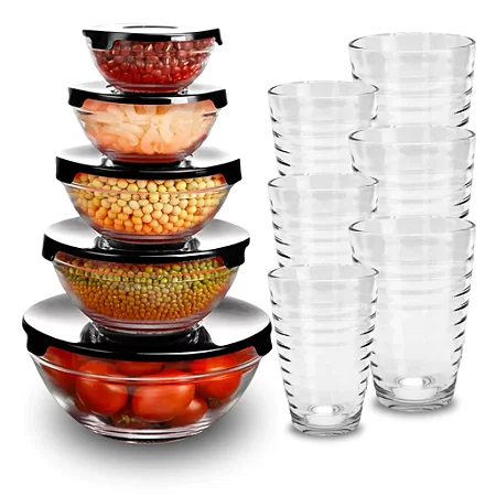 Kit Conjunto De Potes 5 Peças Vidro e 6 Copos Arizona 200ml Transparente