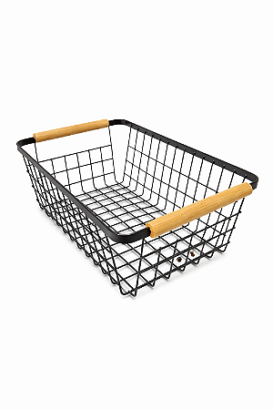 Cesto De Metal Preto C/ Alça De Bambu Paramount Cesto Multiuso