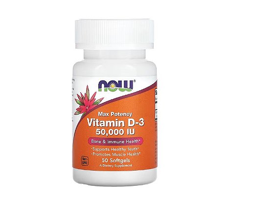 Vitamina D3 50.000 UI NOW Foods - Saúde Óssea e Imunidade | 50 Cápsulas Softgel