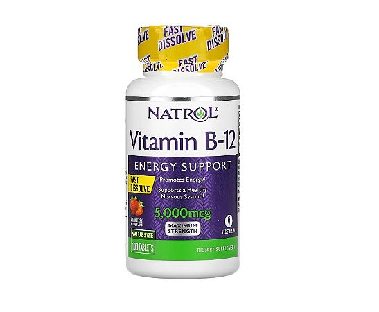 Natrol, Vitamina B-12, Dissolução Rápida, Potência Máxima, Morango, 5.000 mcg, 100 Comprimidos