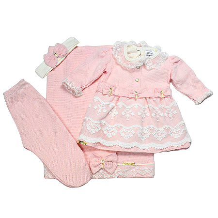 Saída de Maternidade 6 Peças em Malha Tricô – Vestido, Body, Manta, Luvas e Tiara