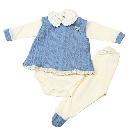 Conjunto de Pagão Feminino 3 Peças – Vestidinho em Tricô + Body e Mijão em Malha - Azul Bebê