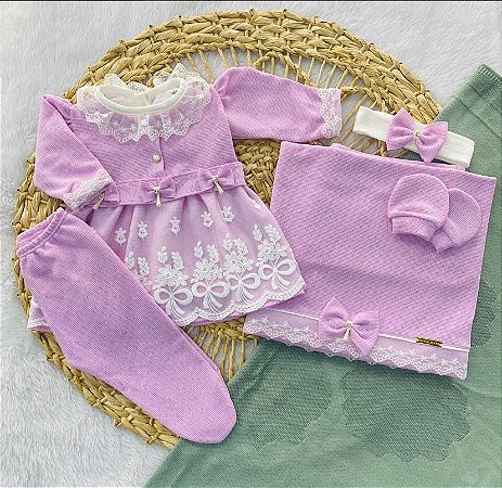 Saída de Maternidade 6 Peças em Malha Tricô – Vestido, Body, Manta, Luvas e Tiara - Lavanda