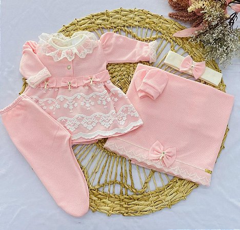 Saída de Maternidade 6 Peças em Malha Tricô – Vestido, Body, Manta, Luvas e Tiara - Rosa Bebê