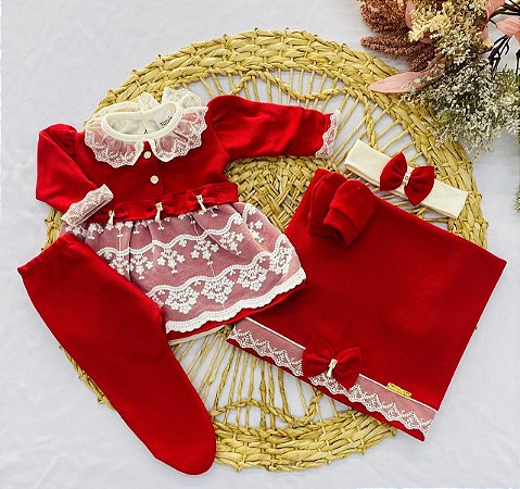 Saída de Maternidade 6 Peças em Malha Tricô – Vestido, Body, Manta, Luvas e Tiara - Vermelha