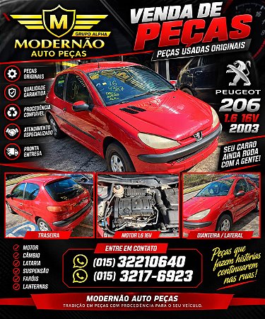 SUCATA VENDA DE PEÇAS PEUGEOT 206 SOLEIL 16 2002 a 2003