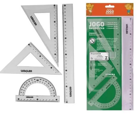Kit Geométrico Escolar 4 Peças – Régua, Esquadros e Transferidor