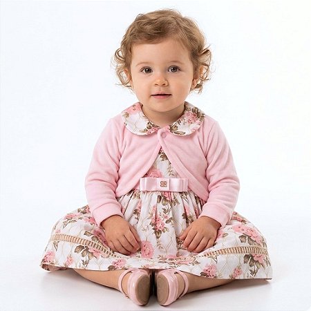 Vestido de Bebê Infantil Luxo Florido Rosa 100% Algodão com Bolero em Plush Quentinho Macio 2 Meses a 4 Anos Imperial Rosa