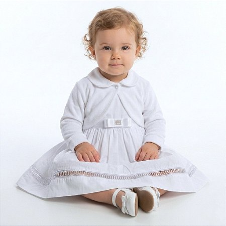 Vestido de Bebê e Infantil Branco com Bolero em Plush 100% Algodão 2 Peças 2 Meses a 6 Anos Batizado